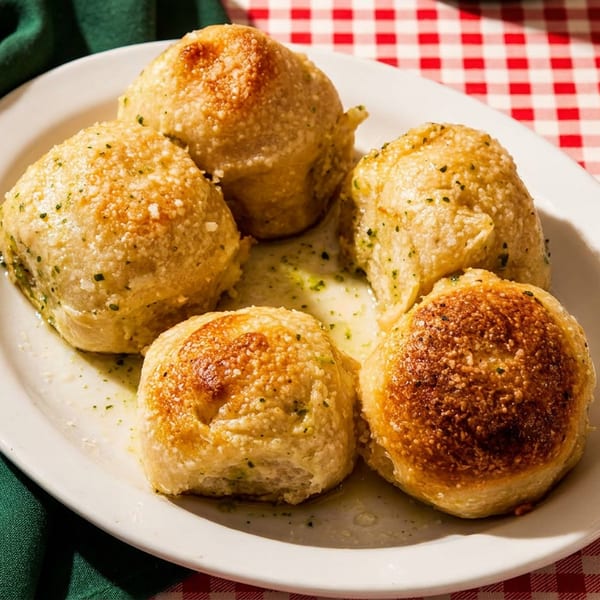 Five golden-brown garlic knots drizzled with oil and herbs.