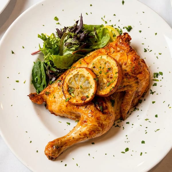 Roasted chicken with lemon slices and a side salad.