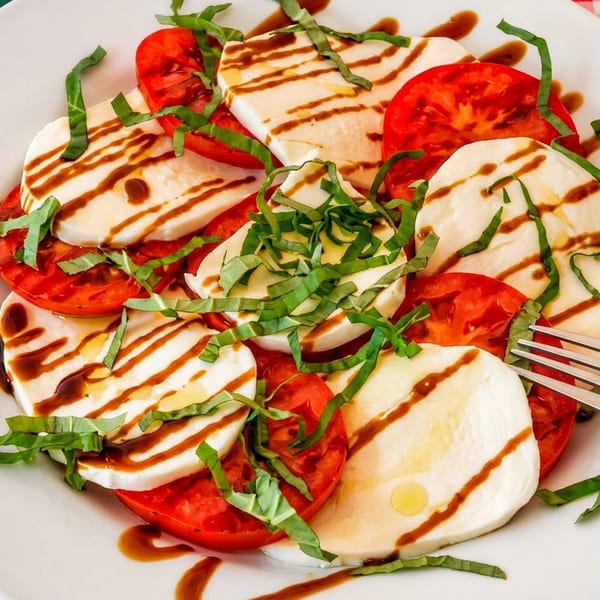 Caprese salad with sliced tomatoes, mozzarella, basil, and balsamic glaze.
