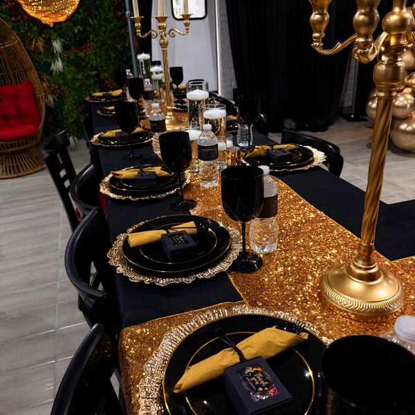 Black and gold table setting for a private event